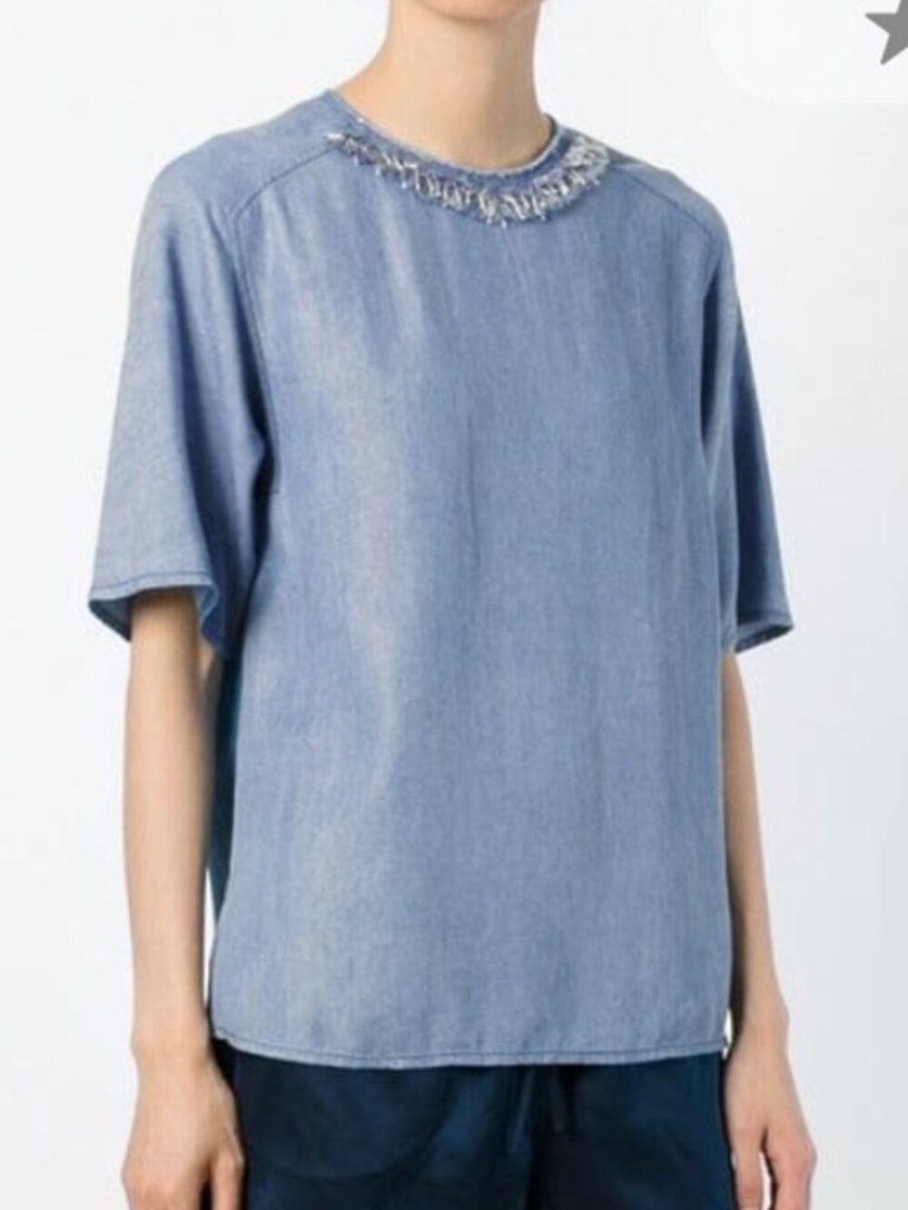 3.1 Phillip Lim Beaded Fringe‑Collar Denim Top — Size 4